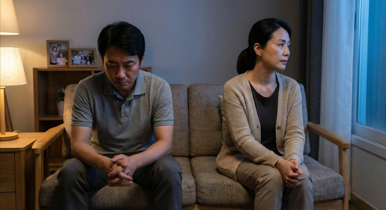 멀어진 부부관계, 함께 상담받고 다시 가까워지세요 소파에 나란히 앉아있지만 거리감 있는 중년 부부 - 부부관계 회복 상담