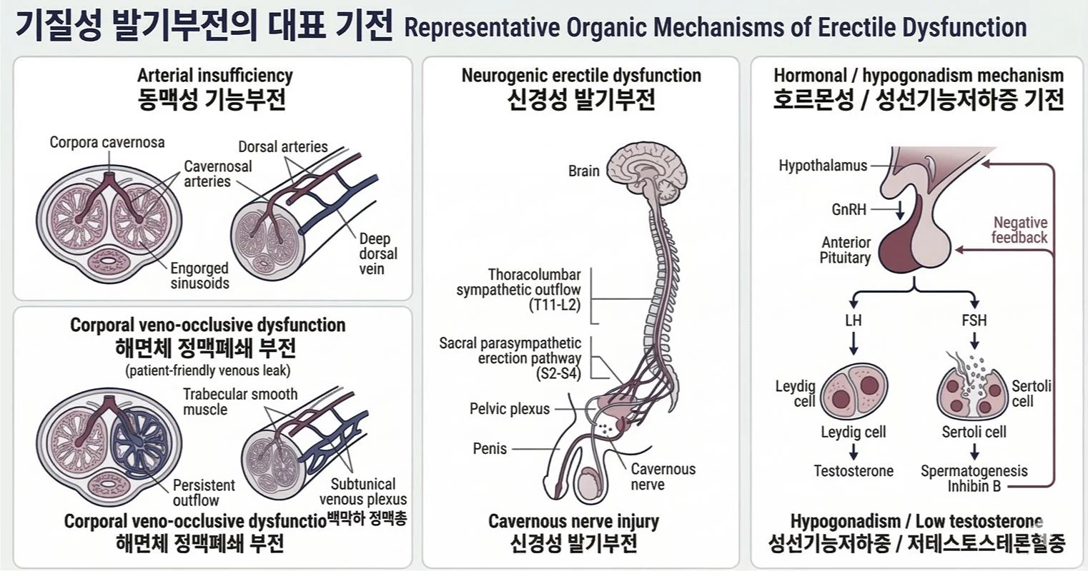 기질성 발기부전 원인 기전 분류 – 강동우 성의학 클리닉 기질성 발기부전의 주요 기전을 동맥성·정맥폐쇄·신경성·호르몬성으로 분류한 의학 인포그래픽
