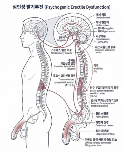 심인성 발기부전 신경 경로 도식도 – 강동우 성의학 심인성 발기부전(Psychogenic Erectile Dysfunction)의 뇌-척수-음경 신경 억제 경로를 도식화한 의학 다이어그램