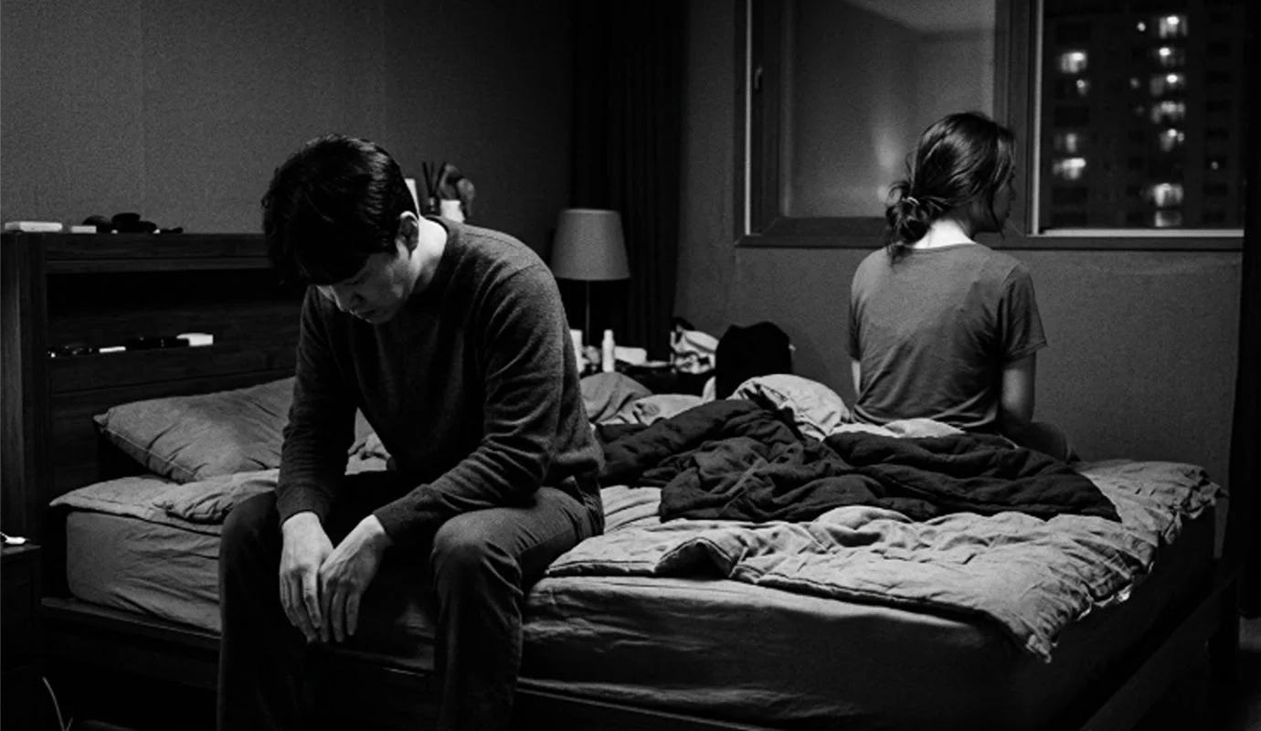 남녀가 침실에서 서로 등을 돌리고 앉아있는 흑백 이미지로 성욕저하나 섹스리스로 인한 부부 단절을 표현