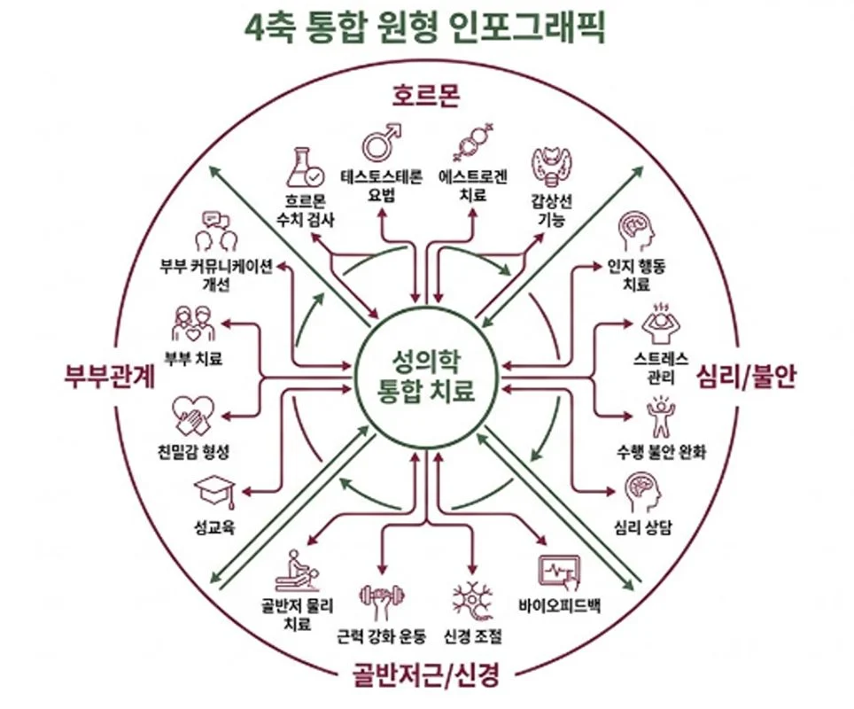 성의학 통합 치료를 호르몬·심리/불안·골반저근/신경·부부관계 4축으로 연결한 원형 인포그래픽