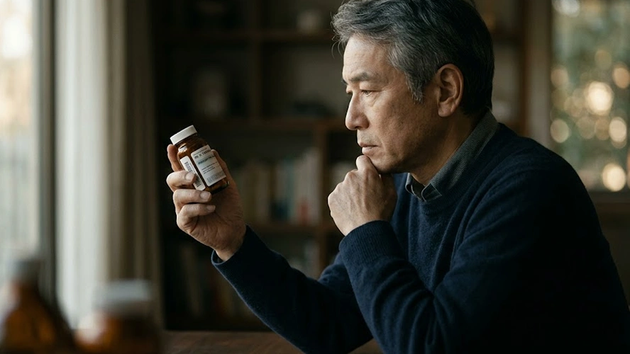 중장년 남성이 약병을 들고 남성갱년기 호르몬 관련 약물을 살펴보는 모습