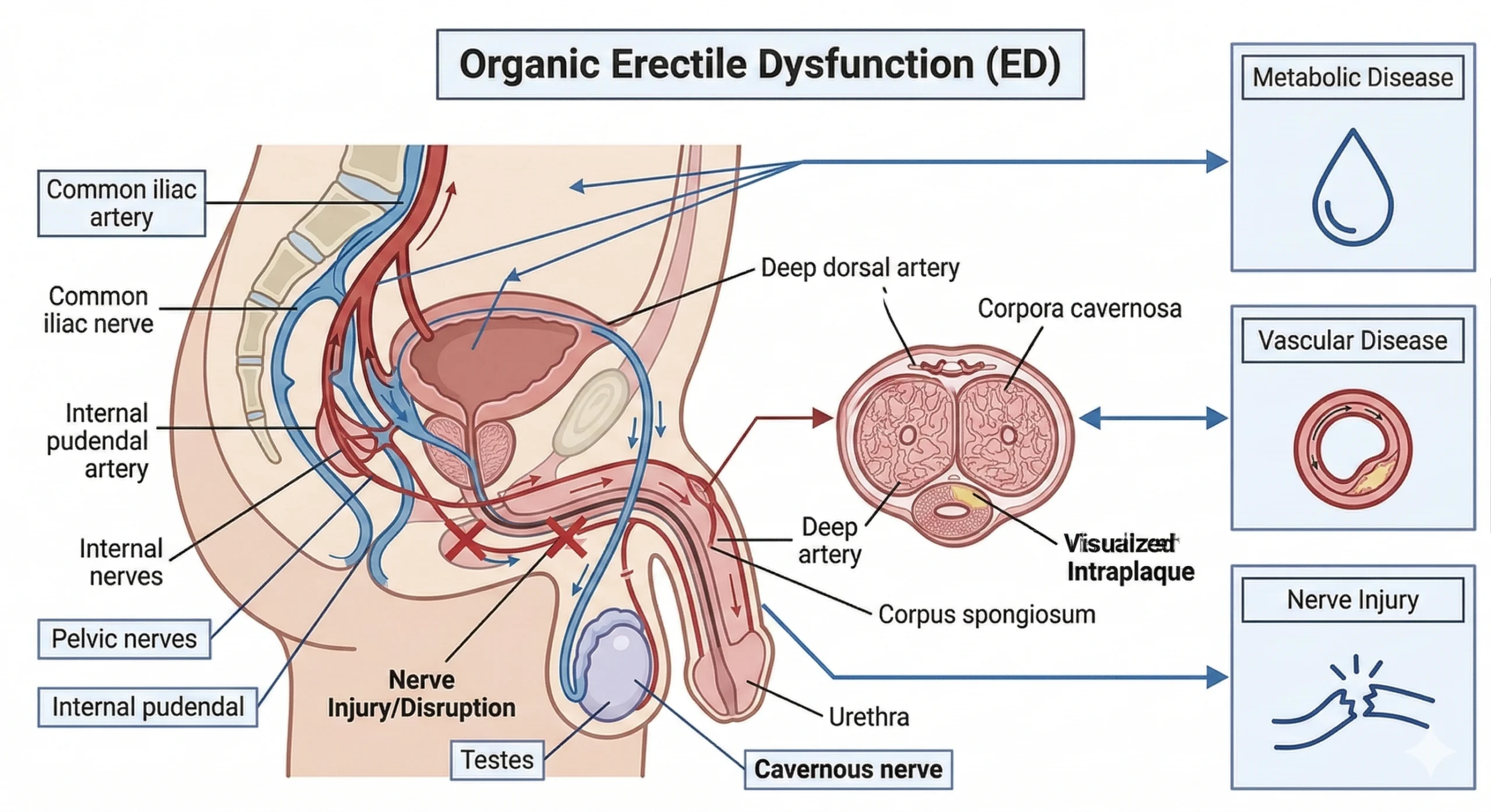 기질성 발기부전(Organic ED)의 골반 해부도, 혈관·신경 구조와 대사성·혈관성·신경성 원인 3가지를 함께 도식화