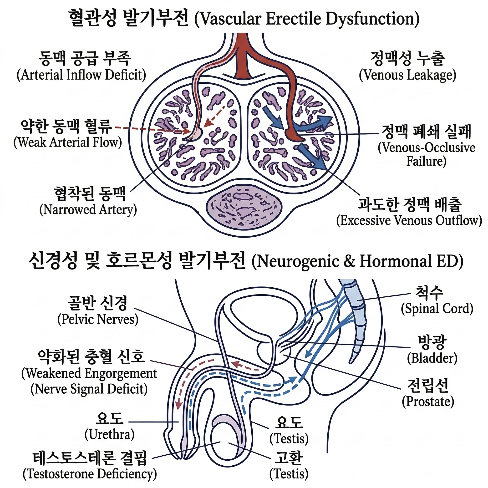 혈관성 발기부전(동맥·정맥 기전)과 신경성·호르몬성 발기부전 기전을 한국어·영어로 도식화한 의학 다이어그램