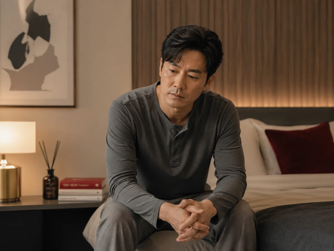 남성 성욕저하의 신호 피로와 스트레스로 성욕저하를 겪는 중년 남성이 침대 가장자리에 조용히 앉아 있는 모습