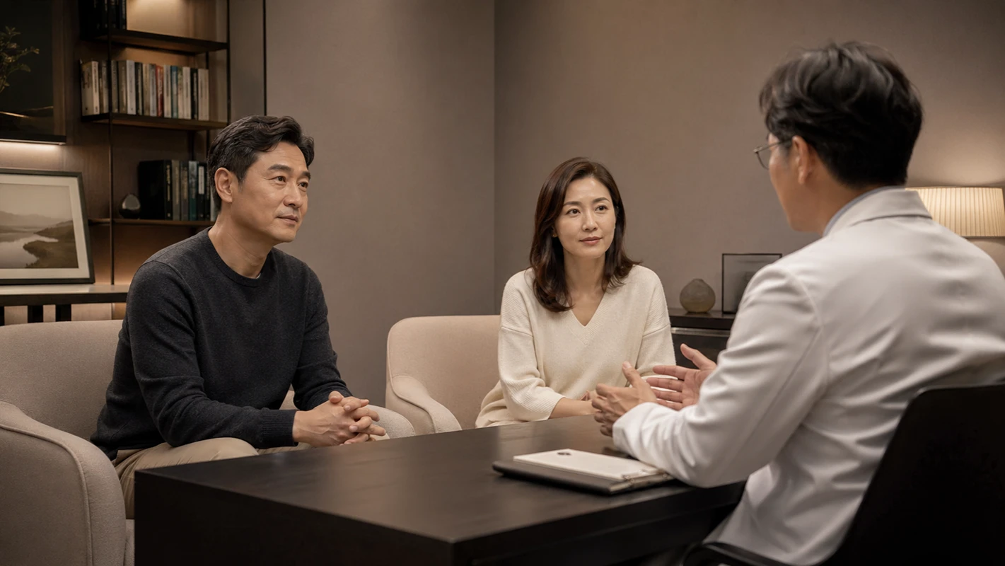 성욕저하 상담과 진료가 필요한 시점 성욕저하와 부부 문제로 상담을 받는 부부가 의료진과 차분히 대화하는 장면