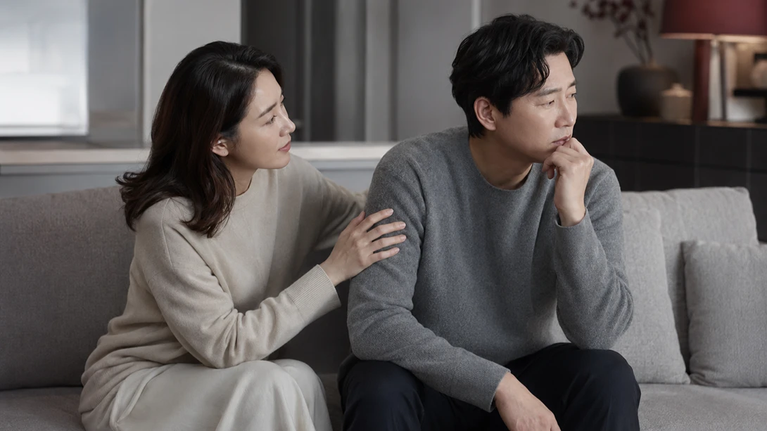 부부 대화로 회복하는 발기 자신감 침대 옆에 마주 앉아 대화하는 부부 일러스트, 술 먹고 발기 실패 후 파트너 대화의 중요성