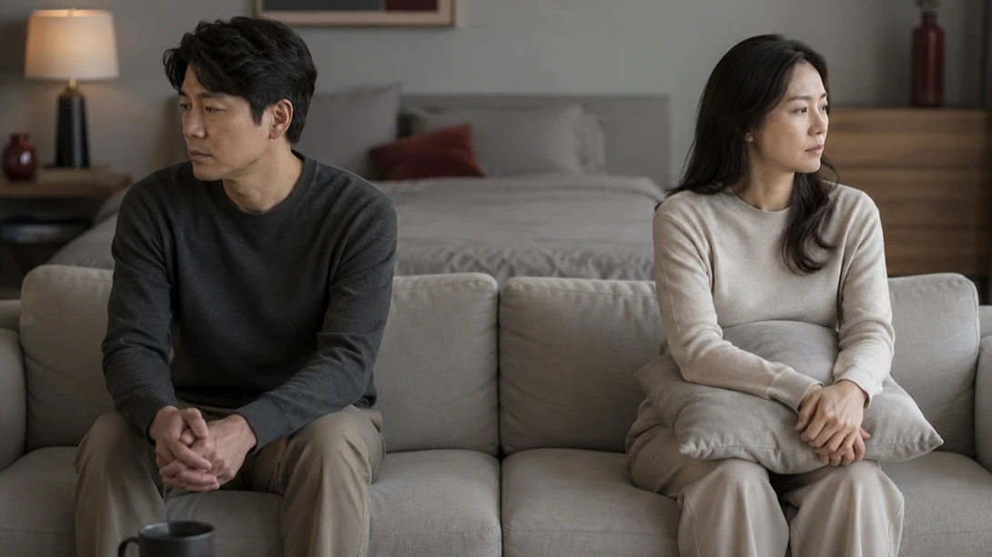 발기 실패 후 부부 거리감 회복 서로 등을 돌린 채 침대에 누워 있는 부부 일러스트, 술 먹고 발기 실패 후 발생하는 정서적 거리감