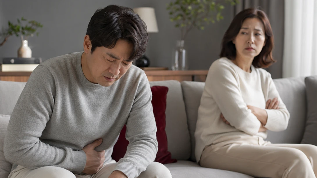 발기부전 자가점검과 신체 신호 아침 발기, 자위 시 발기력, 음주 영향 등 자가점검 체크리스트가 적힌 노트와 남성 일러스트