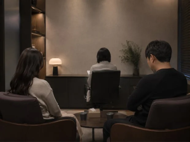성중독으로 인한 관계 갈등과 부부 상담을 상징하는 이미지