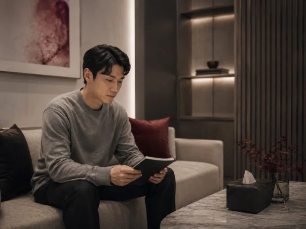 지루 상담을 위해 조용한 진료실에 앉아 있는 한국 성인 남성