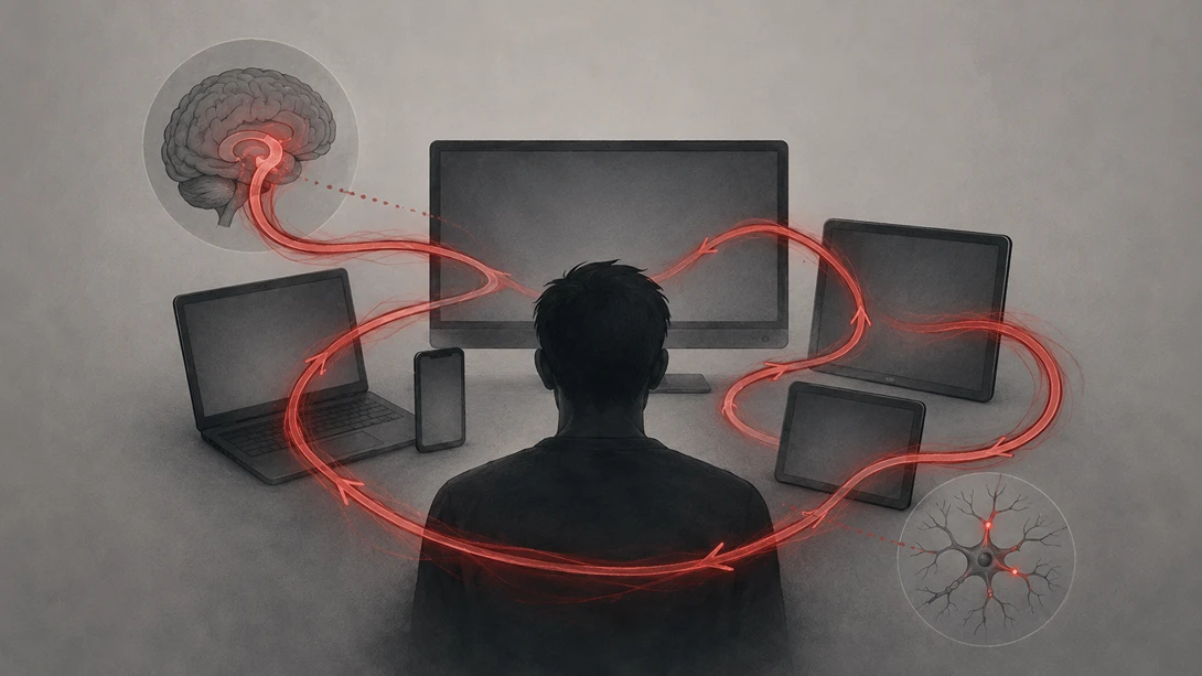 한 인물을 둘러싼 컴퓨터·노트북·태블릿·휴대전화 화면과 뇌·뉴런이 빨간 화살표 회로로 연결된 강박적 디지털 사용 패턴 일러스트
