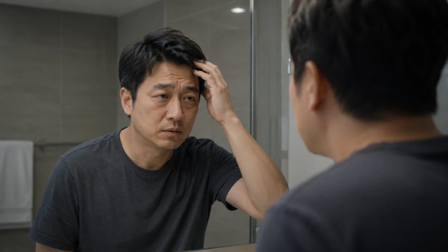 발기 풀림을 혼자 고민하는 남성 거울 앞에서 반복되는 발기 풀림과 수행불안으로 자책하는 남성