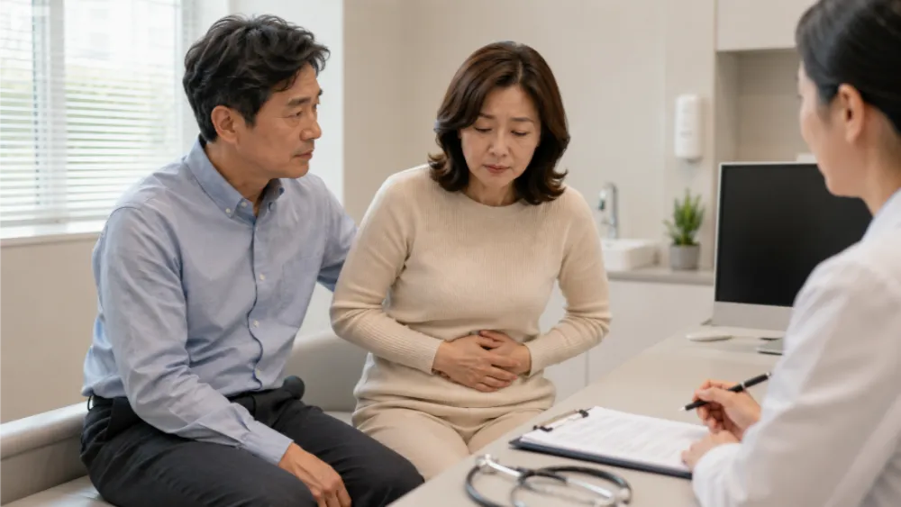부부가 의료진과 성교통 평가 결과와 다음 단계를 상의하는 모습