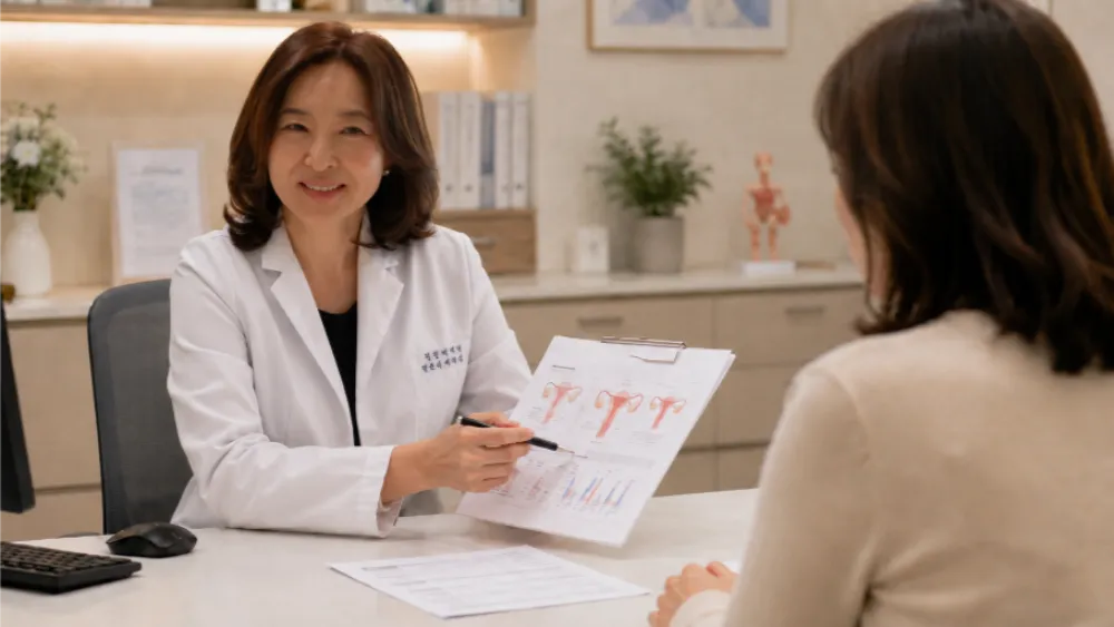 여성 성의학 전문의가 해부 그림으로 성교통 원인을 설명하는 모습