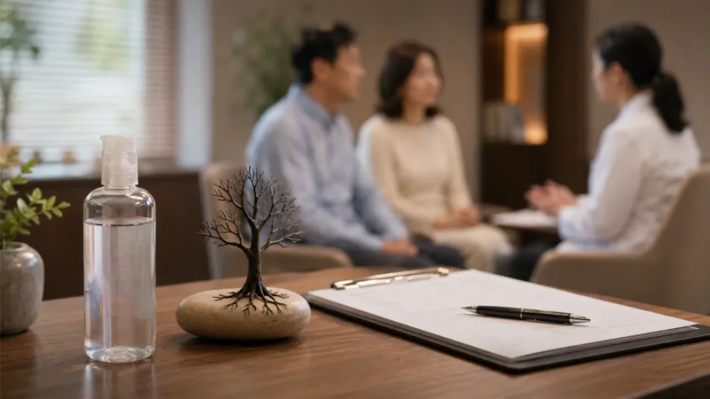 윤활제 용기와 상담 장면 - 윤활제는 증상을 덮을 뿐 원인 치료가 아님을 표현