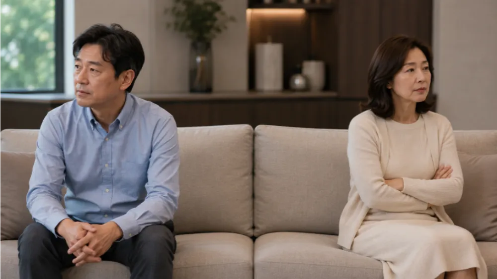 성교통으로 인한 회피와 거리감으로 소파 양 끝에 앉은 부부