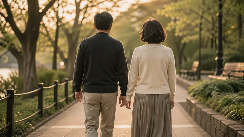 질건조증, 부부가 함께 고민하고 해결해야 할 갱년기 숙제입니다 공원 산책로를 다정하게 손잡고 걷는 중년 부부, 질건조증 극복 후 회복된 부부 관계