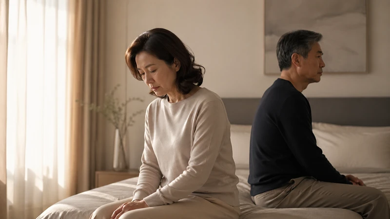 질건조증이 부부 관계에 미치는 영향: 숨길수록 깊어지는 오해 침대에 서로 등을 돌리고 앉아 근심에 빠진 중년 부부, 질건조증과 성교통으로 인한 부부 갈등과 심리적 스트레스