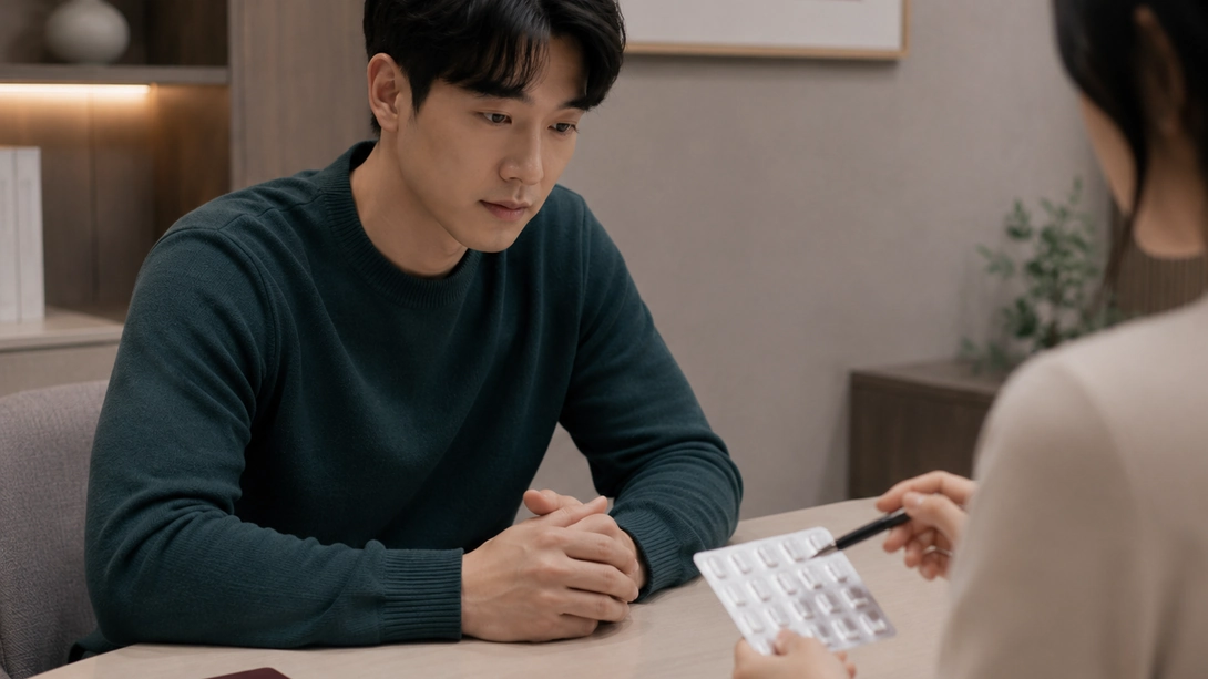 약물과 성욕저하 상담 장면 약물 복용 후 성욕저하 가능성을 주치의와 상의하는 상담 이미지