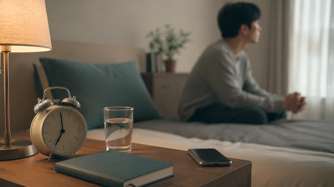 생활 리듬과 반복 습관 점검 수면과 생활 리듬 속 반복 자위 습관을 점검하는 장면