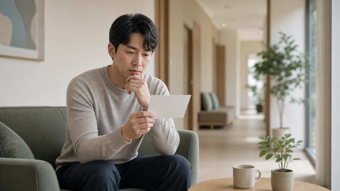 남성 보조제 부작용 체크포인트 부작용 가능성과 이상 증상 확인 필요성을 차분히 점검하는 성인의 모습