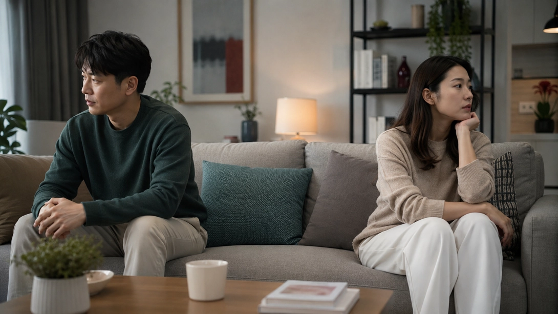 관계 속 거리감과 회피 맥락 자위 습관과 관계 회피를 상징하는 커플 장면