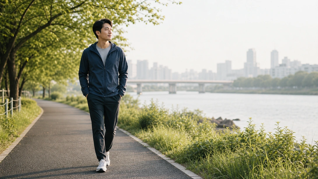 생활습관과 성기능 배경 요인 수면과 스트레스, 운동 등 생활습관 배경을 생각하며 걷는 성인의 모습