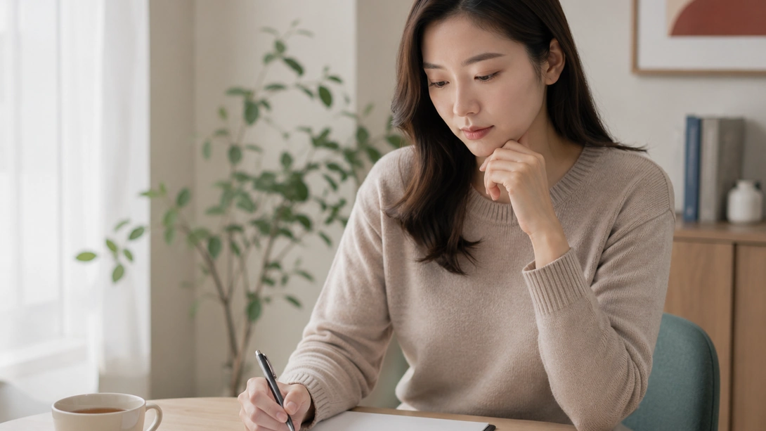 상담 전 자기 점검 성욕저하 상담 전 변화 시점과 생활 요인을 기록하는 장면