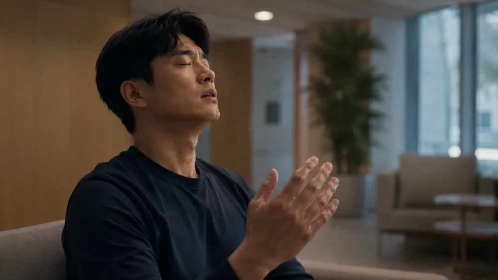 눈을 감고 호흡을 가다듬는 남성, 심인성 조루 상담 전 긴장 완화를 연상시키는 장면