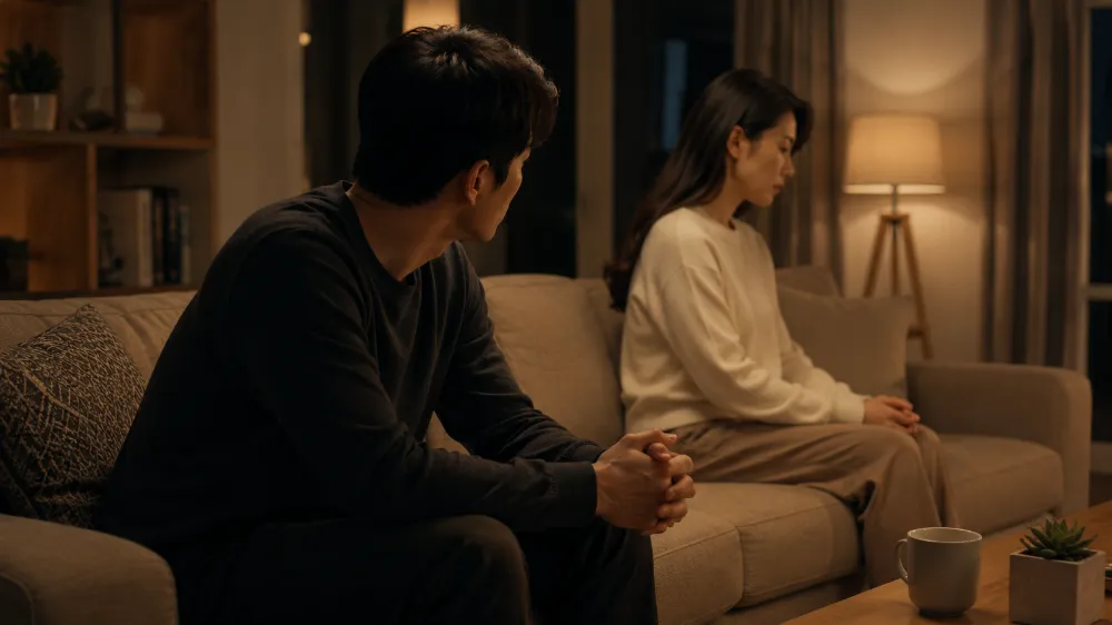 밤 거실 소파에서 거리감을 두고 앉은 커플, 성적 장면 없음