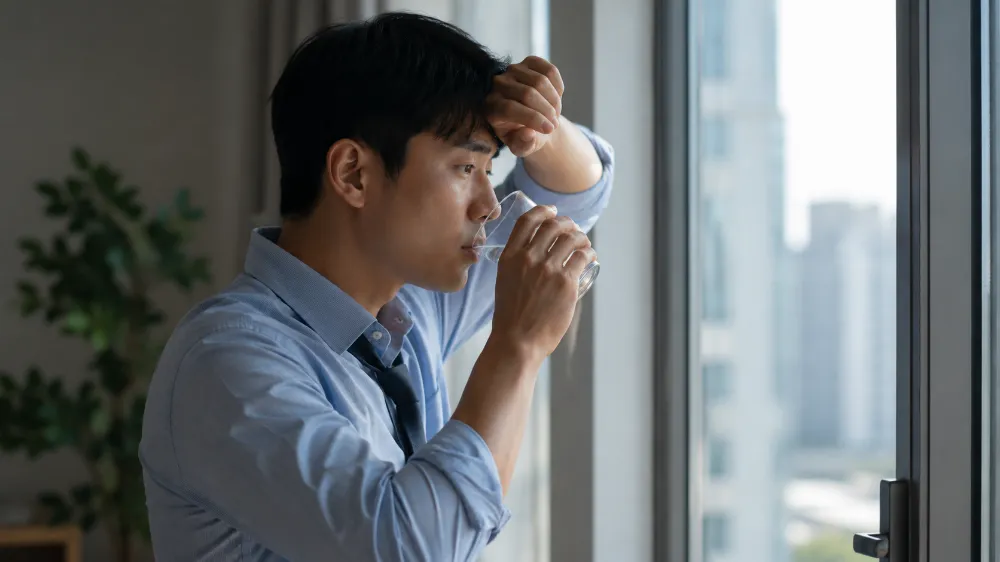 창가에서 피곤한 듯 이마에 손을 댄 남성, 도심 배경