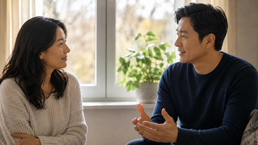 서로를 탓하지 않고 이해하며 대화하는 커플 사정 문제를 서로 이해하며 대화로 풀어가는 커플