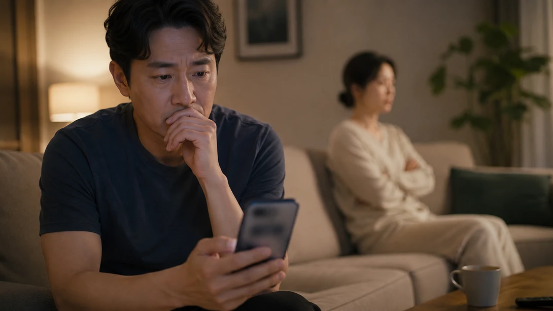 지루증 원인을 검색하며 고민하는 남성과 거리감을 느끼는 파트너