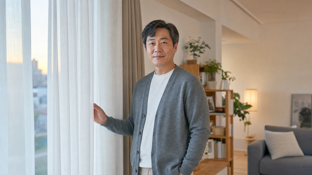 수면과 기분 변화를 살피며 아침을 맞는 중년 한국 남성의 의료 이미지