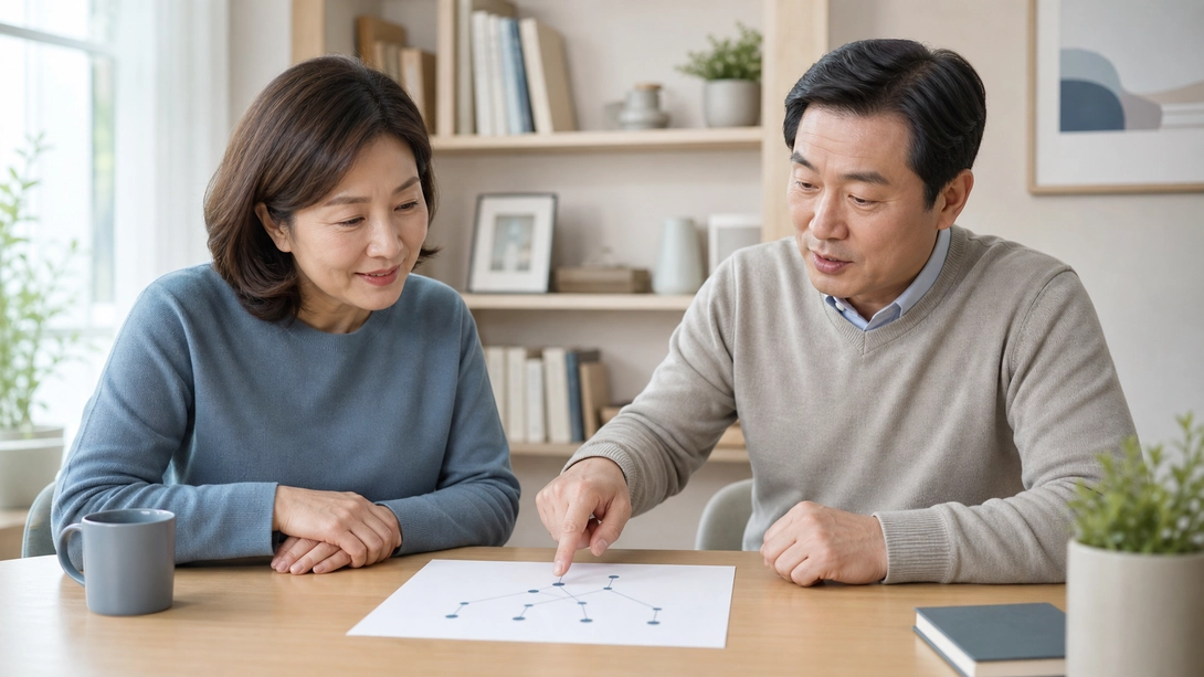 여러 원인을 상담하며 빈 가지 도표를 함께 보는 두 사람의 의료 이미지