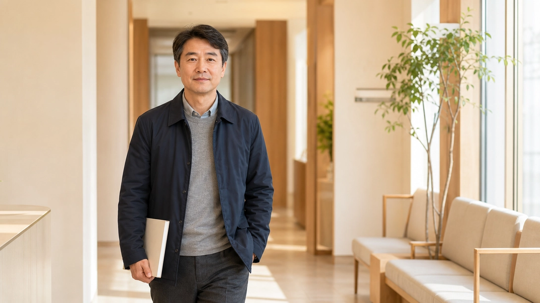 증상 기록 노트를 들고 상담을 준비하는 중년 한국 남성의 의료 이미지