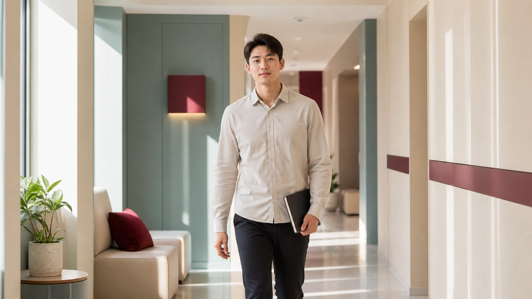 발기 강직도 상담의 다음 단계 밝은 진료실 복도를 걷는 한국인 남성의 의료 이미지