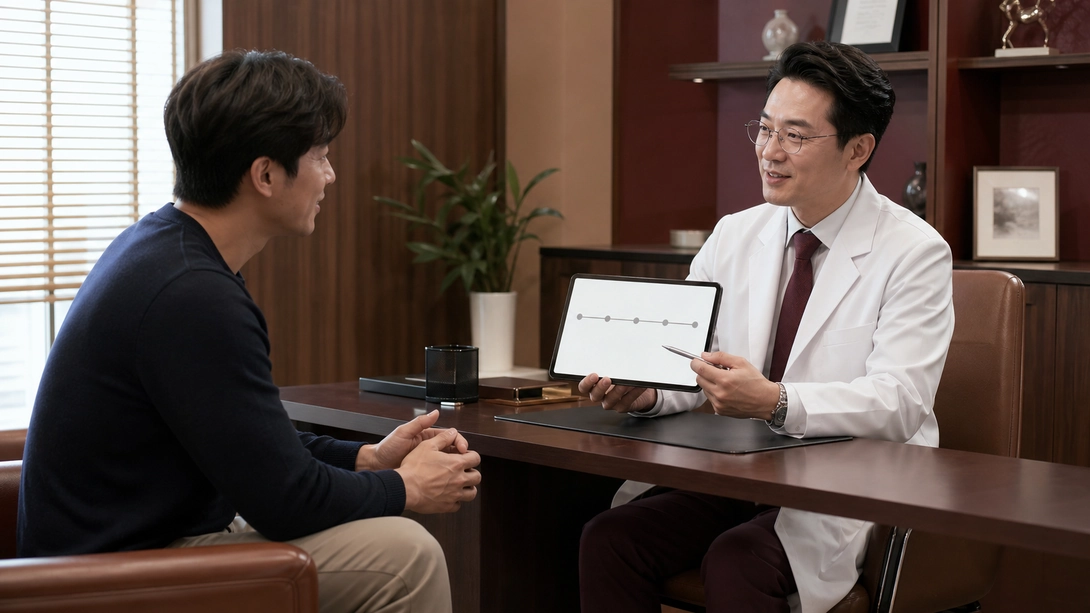 무발기 사정 진료 상담 증상 시간표를 의료진과 검토하는 한국인 남성의 의료 이미지