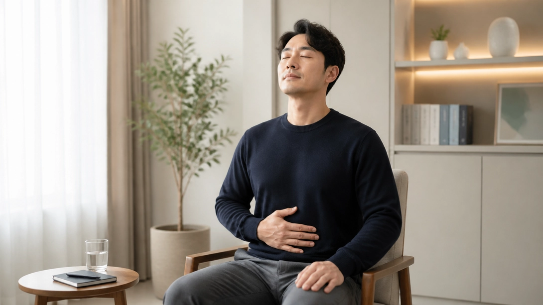 아랫배 긴장을 알아차리고 호흡하는 한국인 남성의 의료 이미지