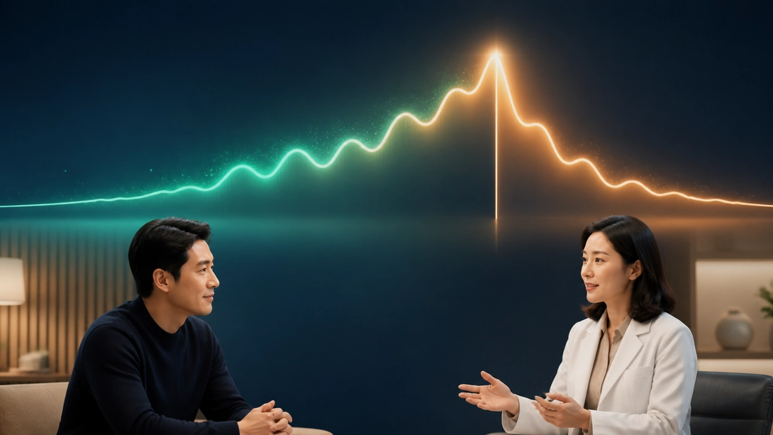 흥분 곡선이 오르고 멈춘 뒤 낮아지는 추상 의료 일러스트