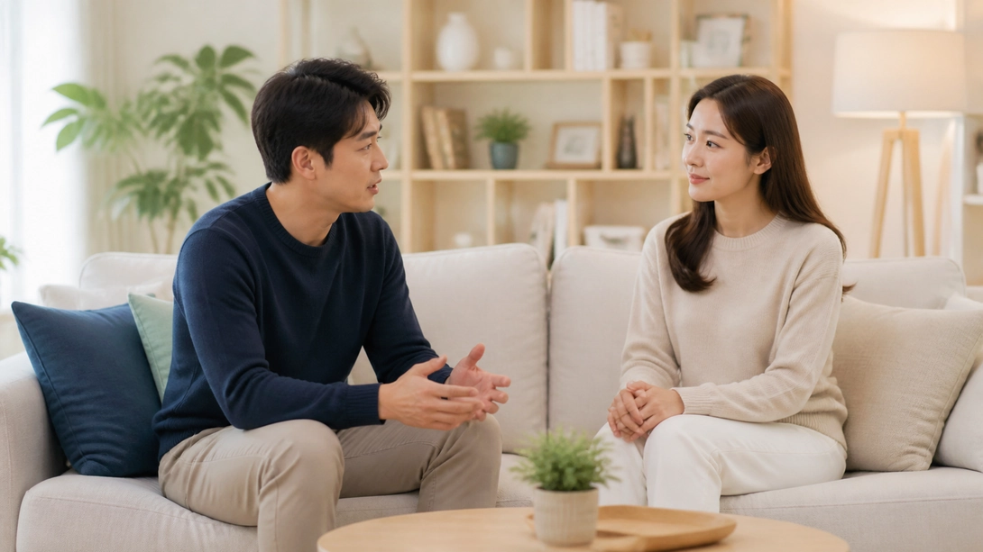 사정 문제를 비난 없이 대화하는 한국인 성인 커플 이미지