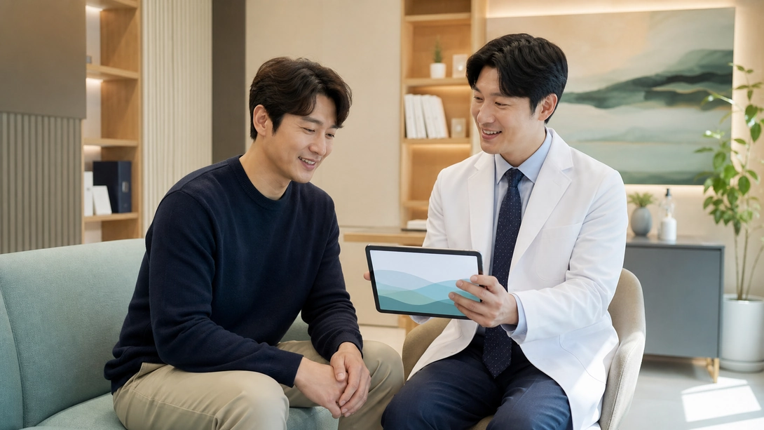 사정 패턴을 의료진과 검토하는 한국인 남성의 의료 이미지
