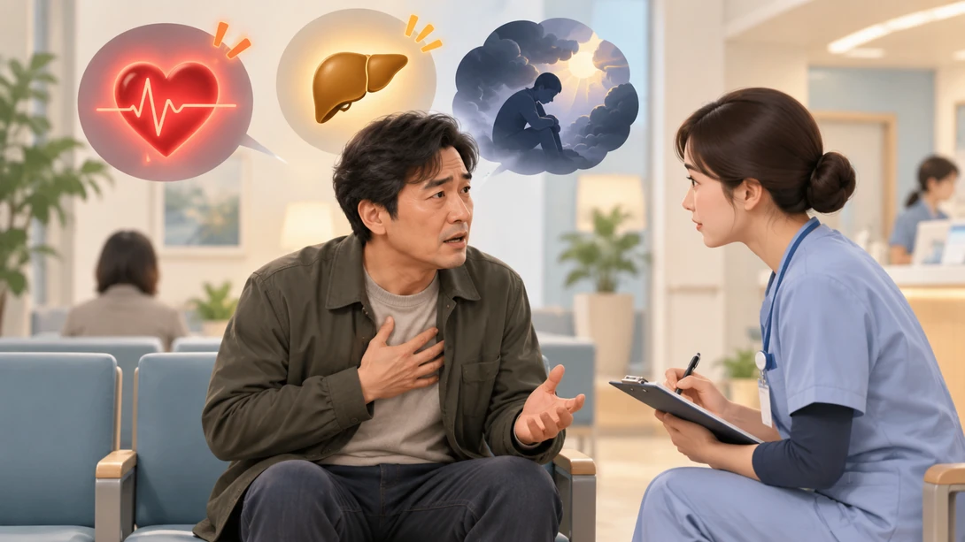 흉통과 간 이상 및 심리 위기 신호를 의료진에게 알리는 장면