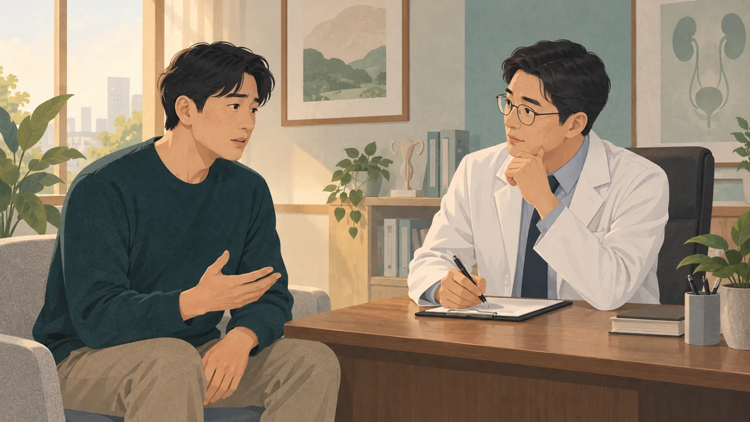 남성 환자가 의료진에게 관계 중 통증을 상담하는 교육용 삽화
