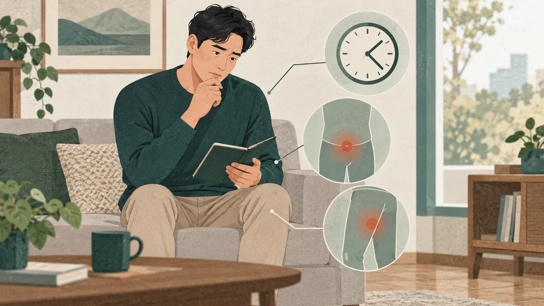 옷을 입은 남성이 통증의 위치와 시점을 구분하는 교육용 삽화