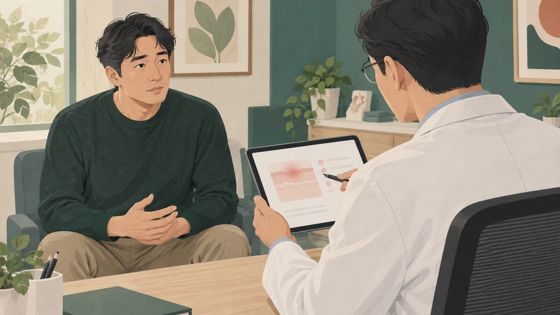 포피나 새 만곡의 불편을 의료진과 상의하는 교육용 삽화
