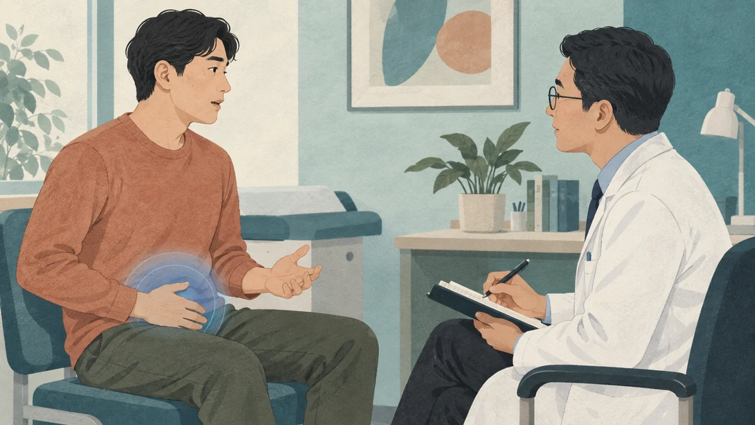 반복되는 골반 불편을 의료진에게 설명하는 교육용 삽화