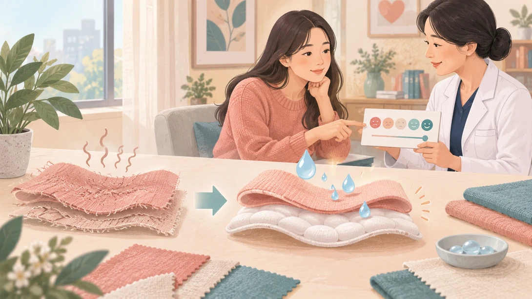 04 discomfort dryness 산후 통증과 건조감을 천과 쿠션의 질감으로 설명하는 교육용 삽화