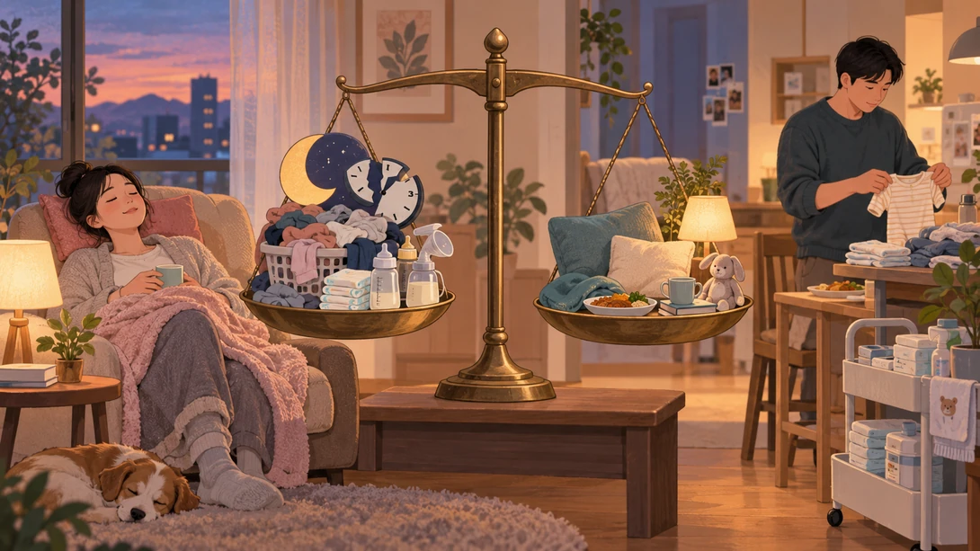 05 sleep care load 밤낮 돌봄 부담과 휴식 분담의 균형을 보여주는 삽화